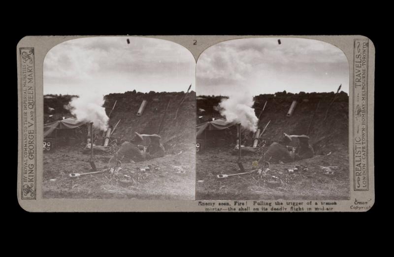 Enemy seen, Fire! Pulling the trigger of a trench mortar - the shell on its deadly flight in mid-air. From the box The Great War