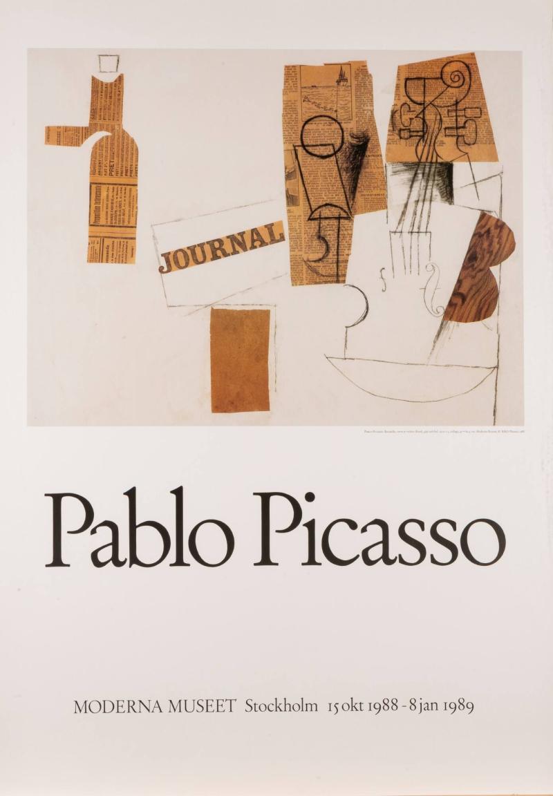 Pablo Picasso 
Bouteille, verre et violon / Butelj, glas och fiol, 1912-13, collage