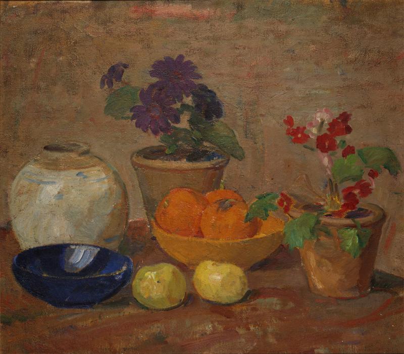 Nature morte med krukväxter, skålar och frukter