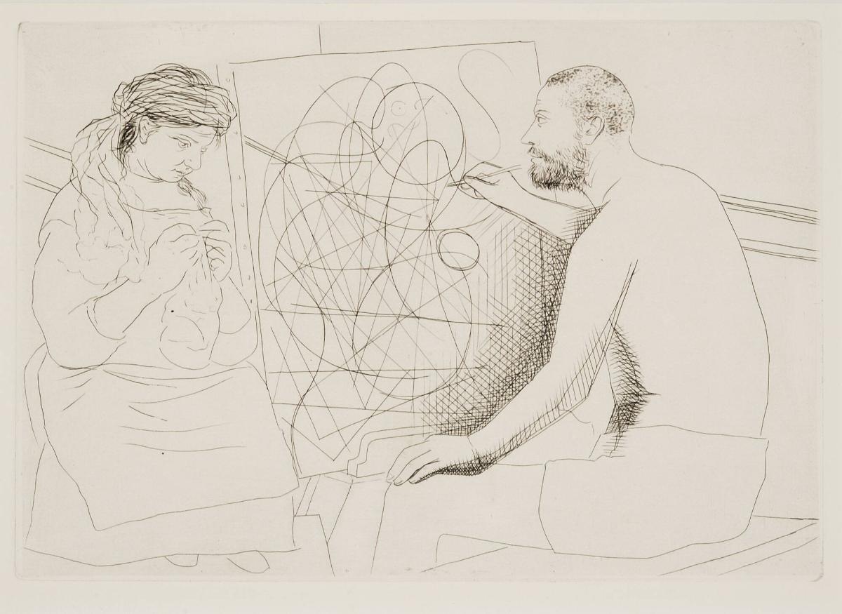 Peintre et modèle tricotant