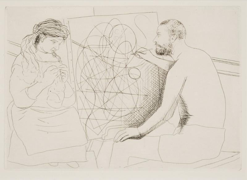 Peintre et modèle tricotant