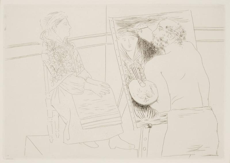 Peintre chauve devant son chevalet