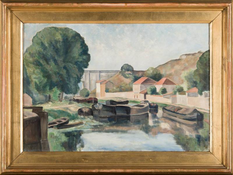 Flodlandskap med pråmar