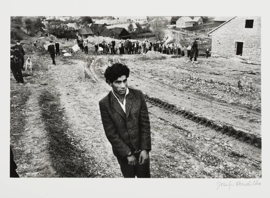 Jarabina, Czechoslovakia, Slovakia, 1963. Reconstruction of a homicide. In the foreground: a young gypsy suspected of being guilty.