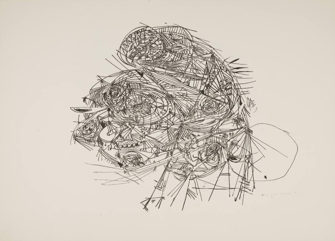 Komposition med ögonliknande figurer bland cirklar och streckmönster