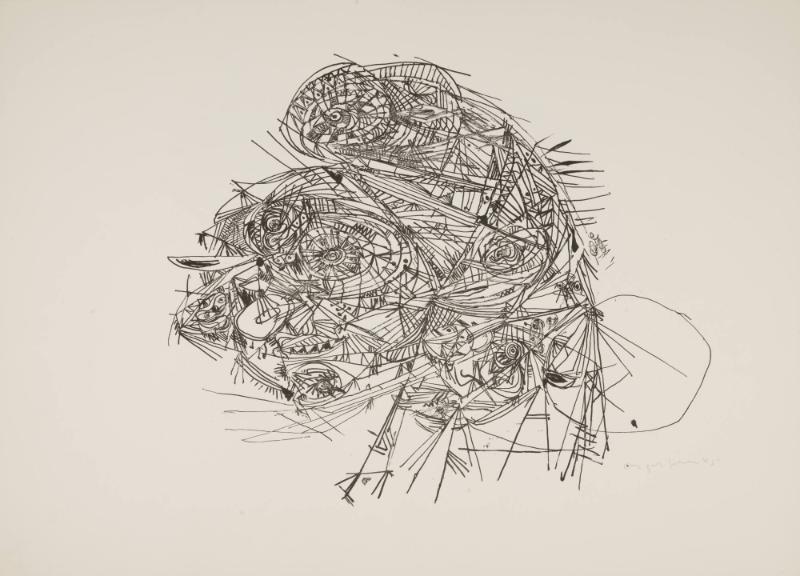 Komposition med ögonliknande figurer bland cirklar och streckmönster