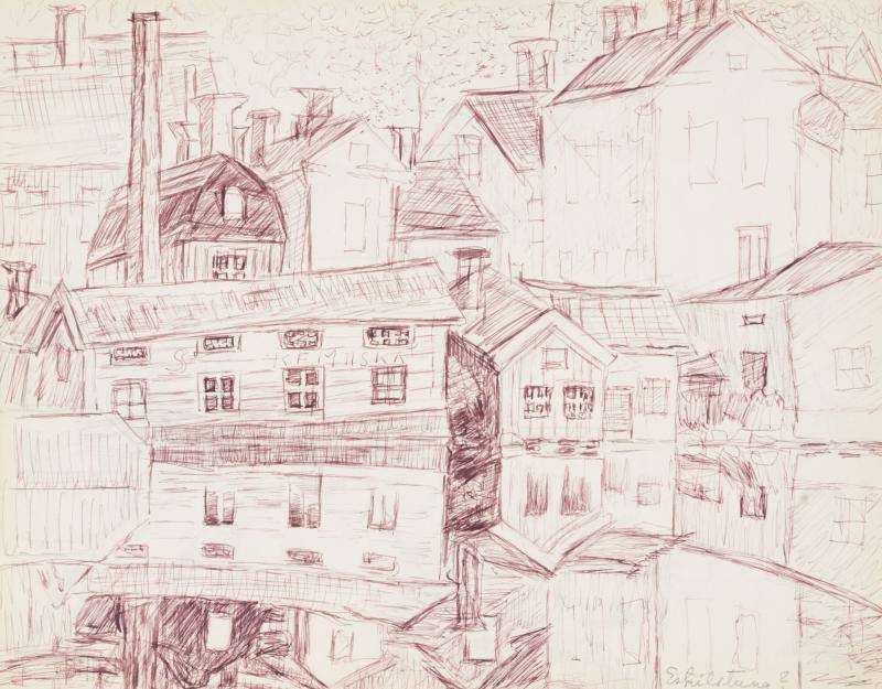 Skissblock nr 43, Gillberga, Anna Casp. [Anna Casparsson], Kamrater, Jonas 54, Snö (utsikt Fiskargatan 14)