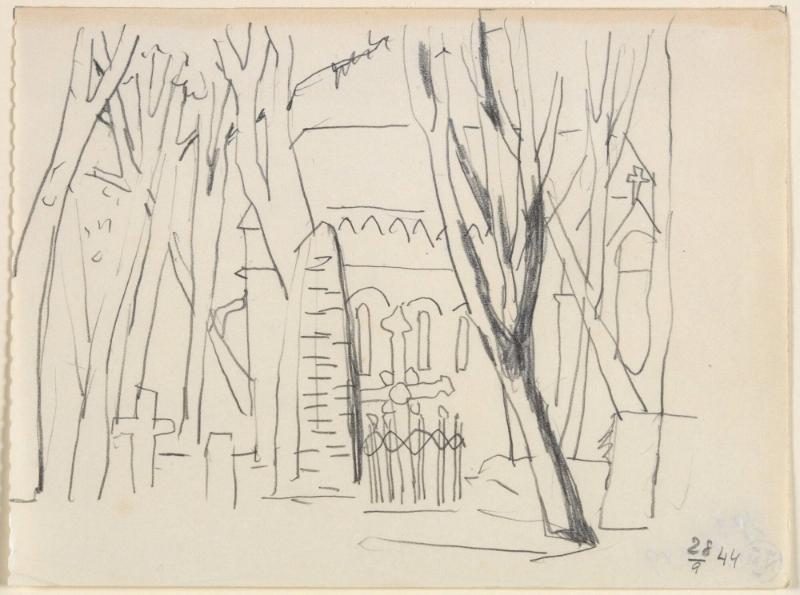 Studie till oljemålning 'Kyrkogården'