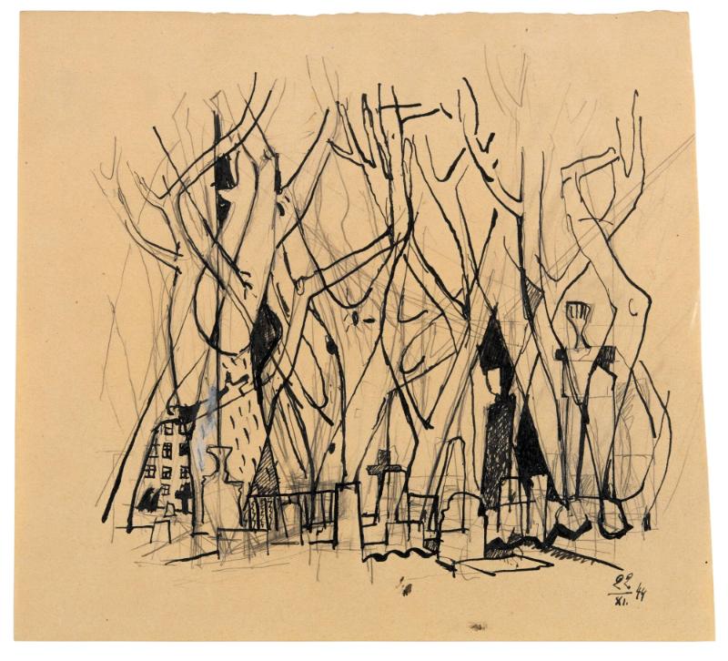 Studie till oljemålning 'Kyrkogården'