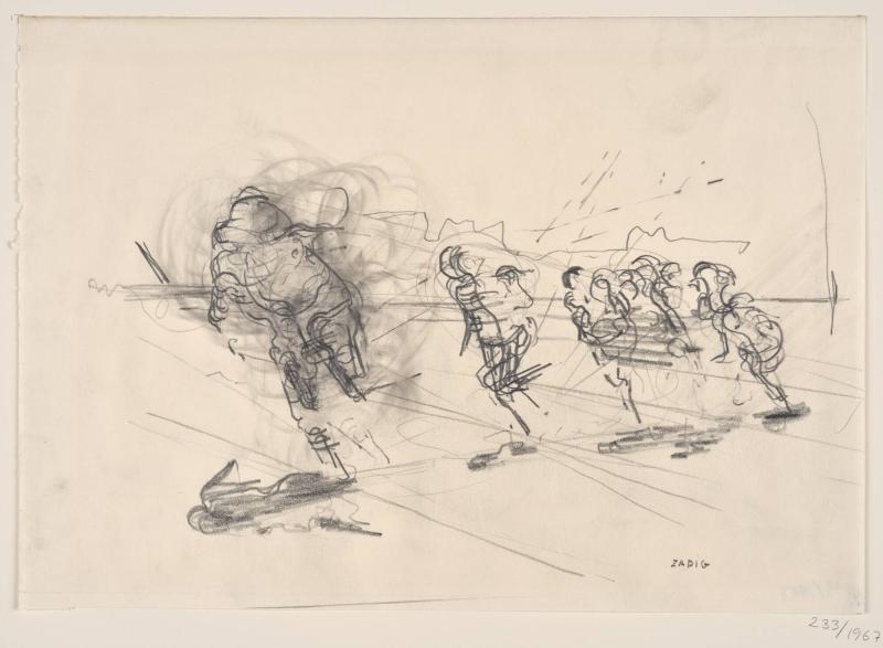 Flykten. 5-7 personer i rörelse framåt.