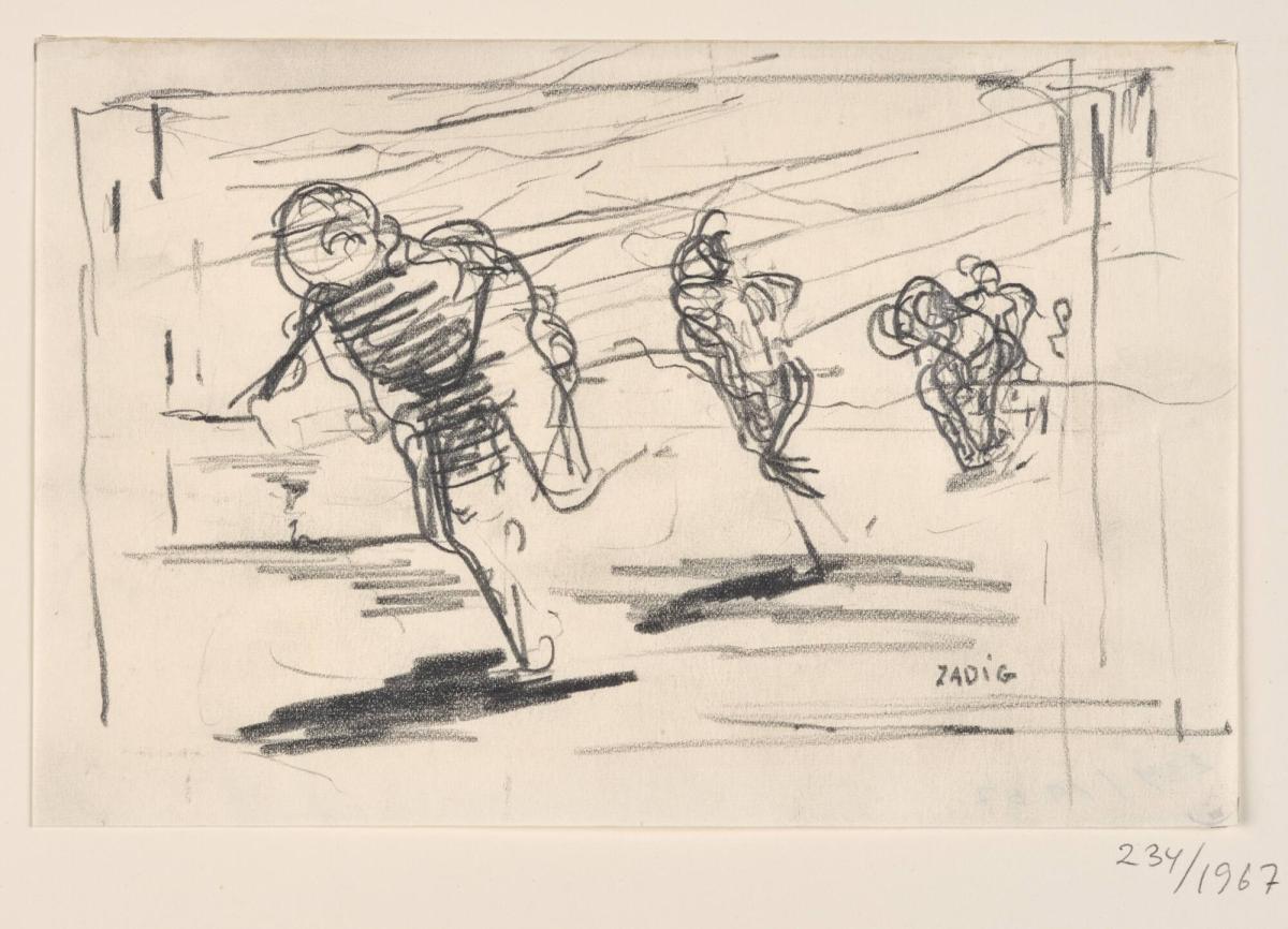 Flykten. 3 personer i rörelse framåt.