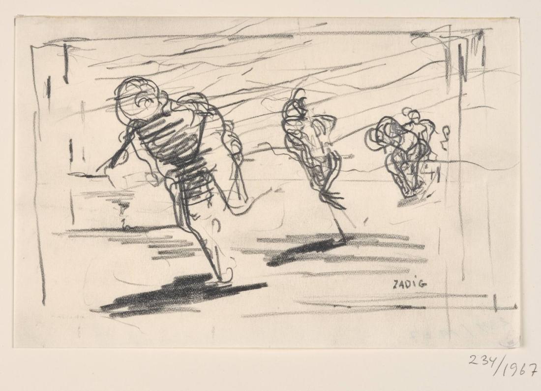 Flykten. 3 personer i rörelse framåt.