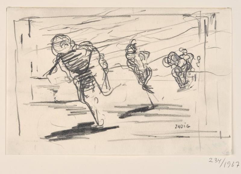 Flykten. 3 personer i rörelse framåt.