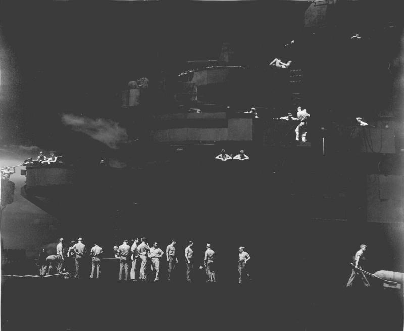 Infrared View of Officers Gathering on the Deck of the USS Lexington, November 1943