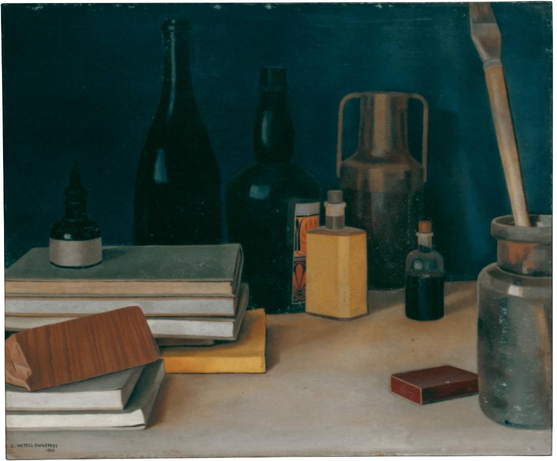 Stilleben med flaskor och böcker