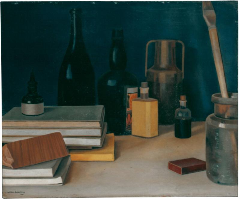 Stilleben med flaskor och böcker