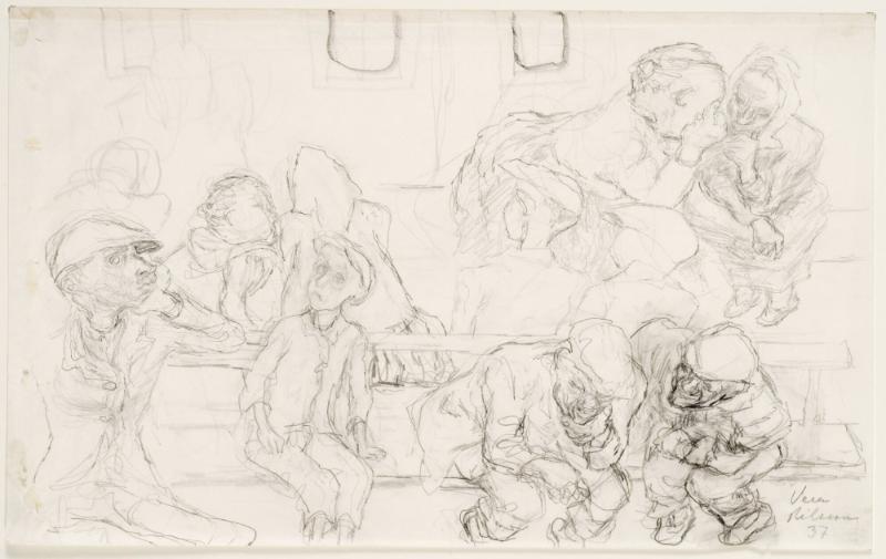 Interiör från en väntsal. Figurstudier