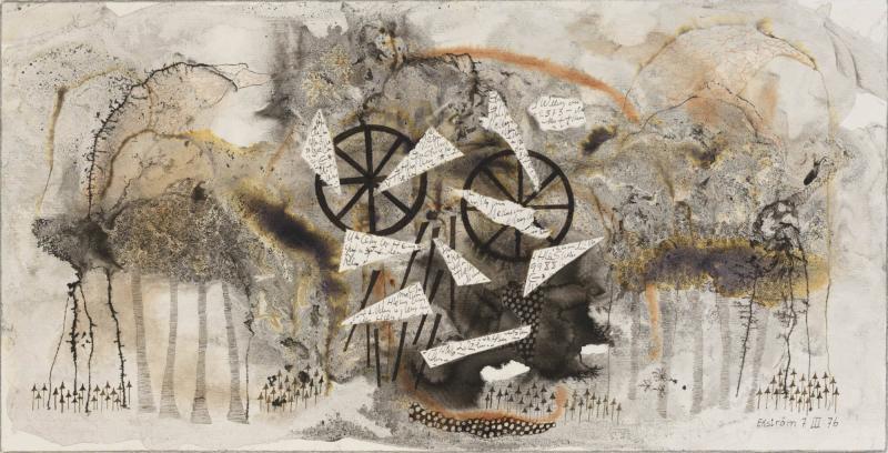 Tuschmålning med brevfragment 7.III.1976