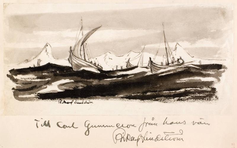 Kustlandskap med fiskebåtar