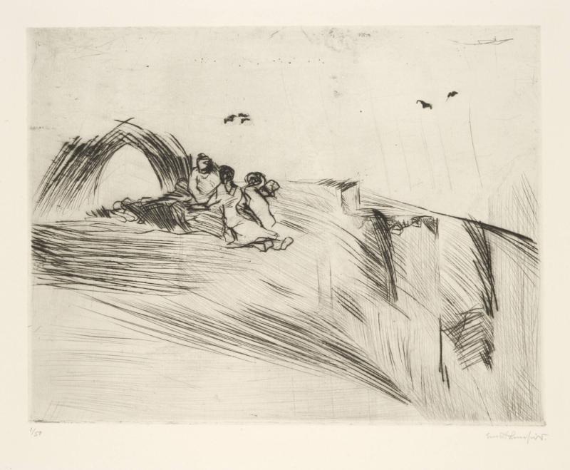 Människor i landskap med fåglar