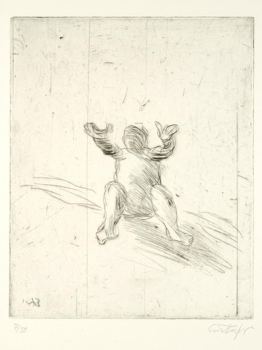 Sittande naken man med framåtsträckta händer II