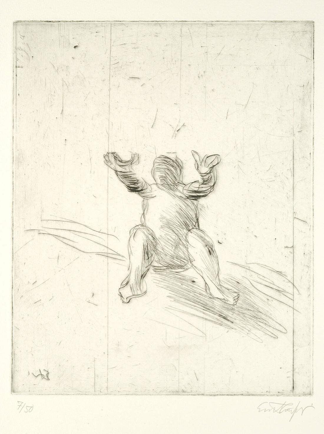 Sittande naken man med framåtsträckta händer II