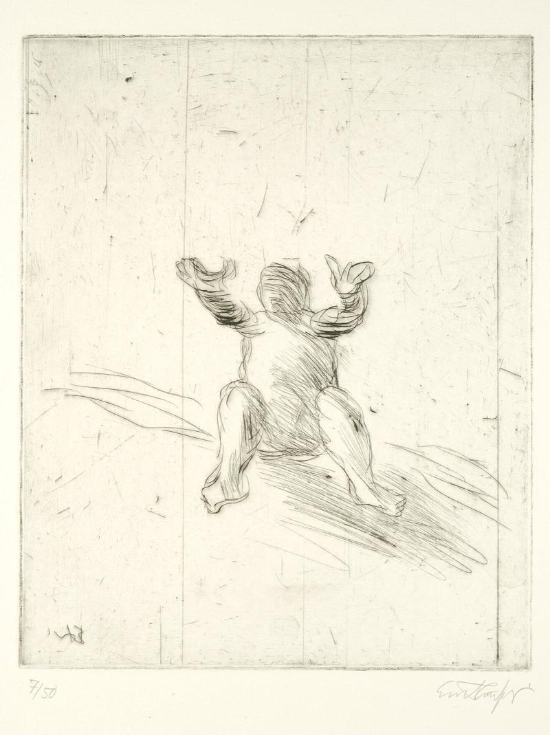 Sittande naken man med framåtsträckta händer II