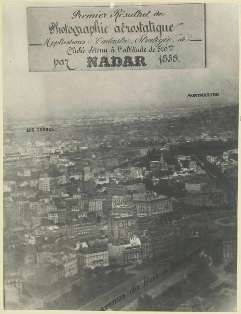 Premier résultat de Photographie aérostatique. Applications: Cadastre strategie, de cliché obtenu à l´altitude de 520 m. Paris