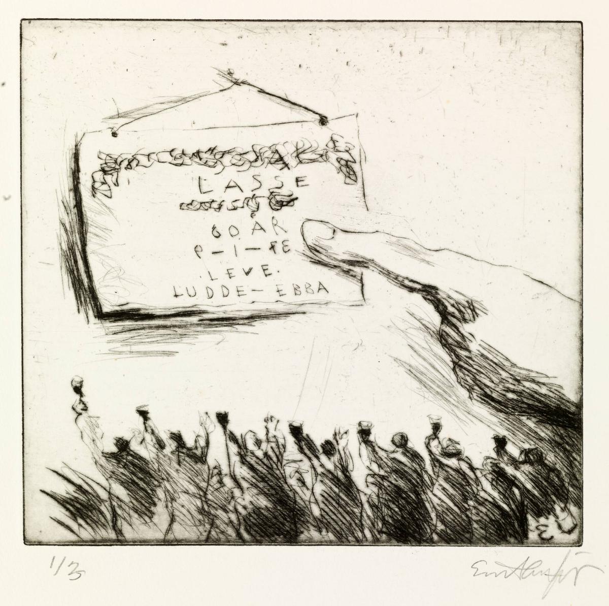 Hurrande gratulanter och skylt: Lasse (Tesch) 60 år 9-1-73 Leve. Ludde Ebba