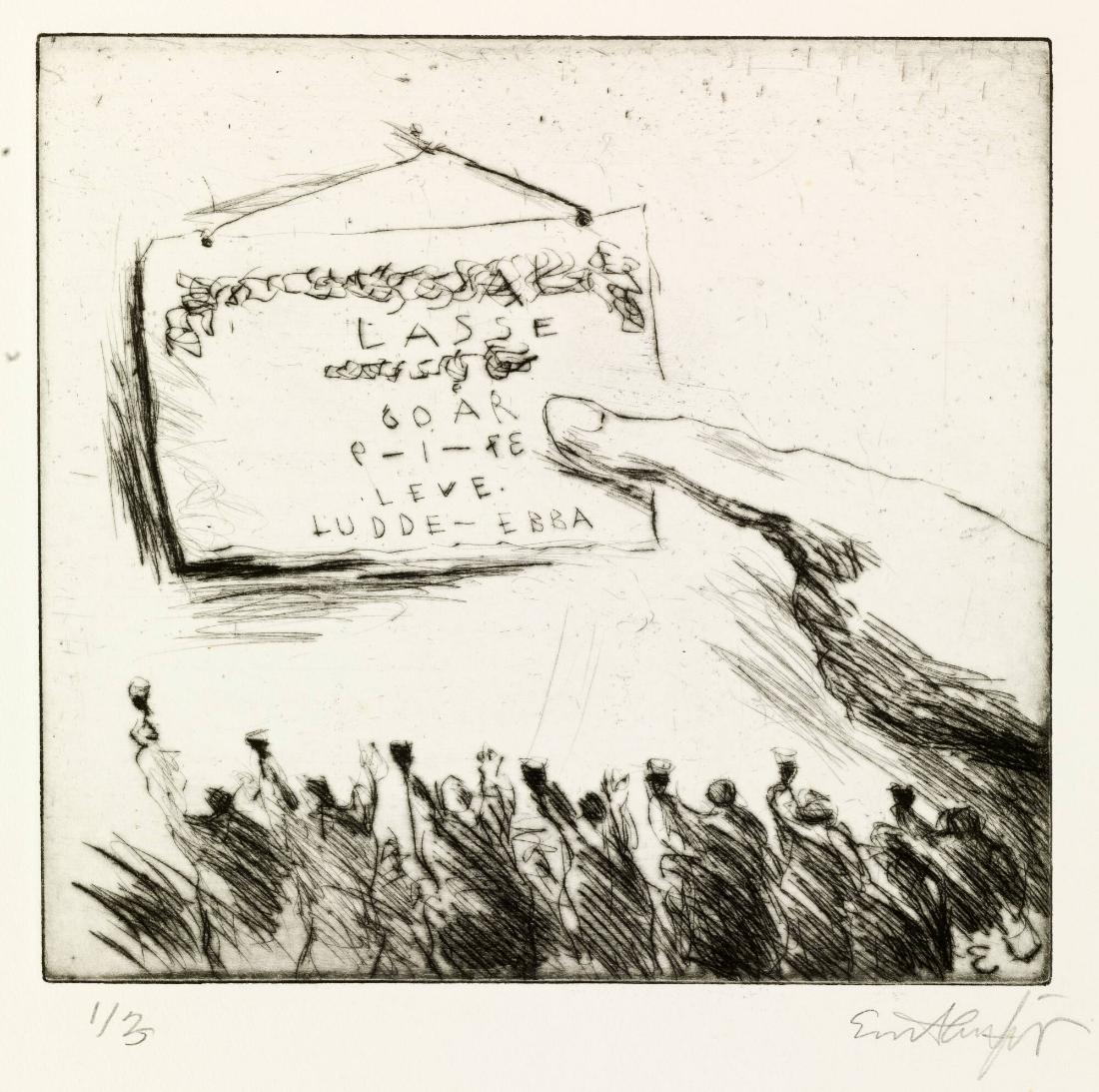 Hurrande gratulanter och skylt: Lasse (Tesch) 60 år 9-1-73 Leve. Ludde Ebba