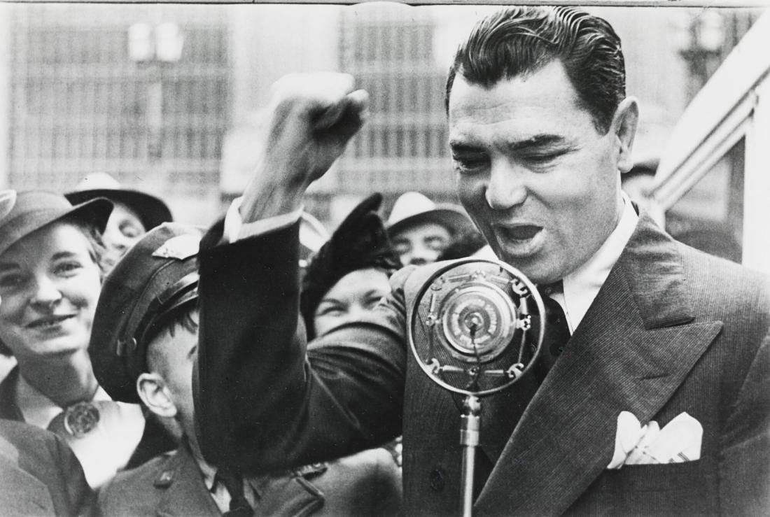 Formal heavy weight boxing world champion Jack Densey campaigning for Franklin Rossevelt during the 1936 presidential election.