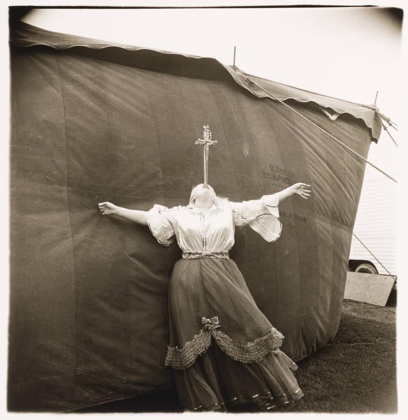 Albino sword swallower at a carneval, Maryland