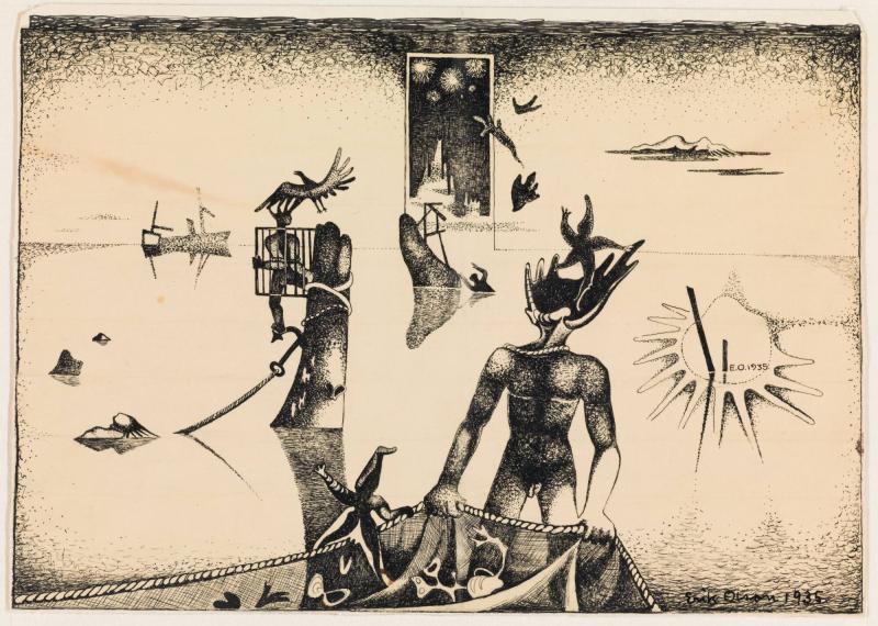 Surrealistisk komposition med hamnmotiv