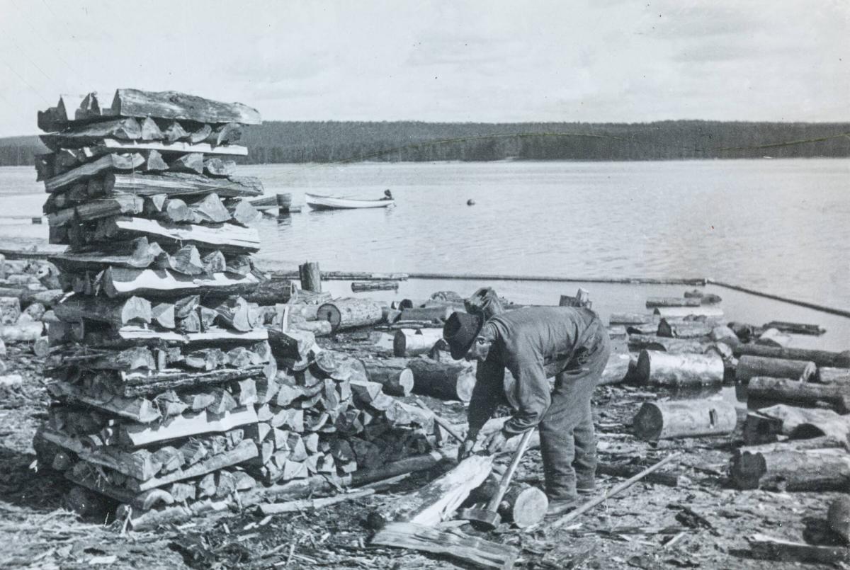 Vedhuggare vid Ume älv. Lycksele, Lappland