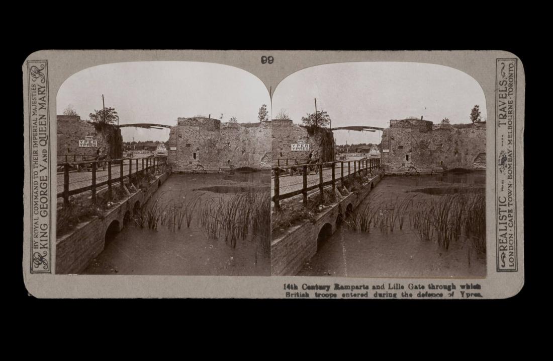 14th century Ramparts and Lille Gate through which British troops entered during the defence of Ypres. From the box The Great War
