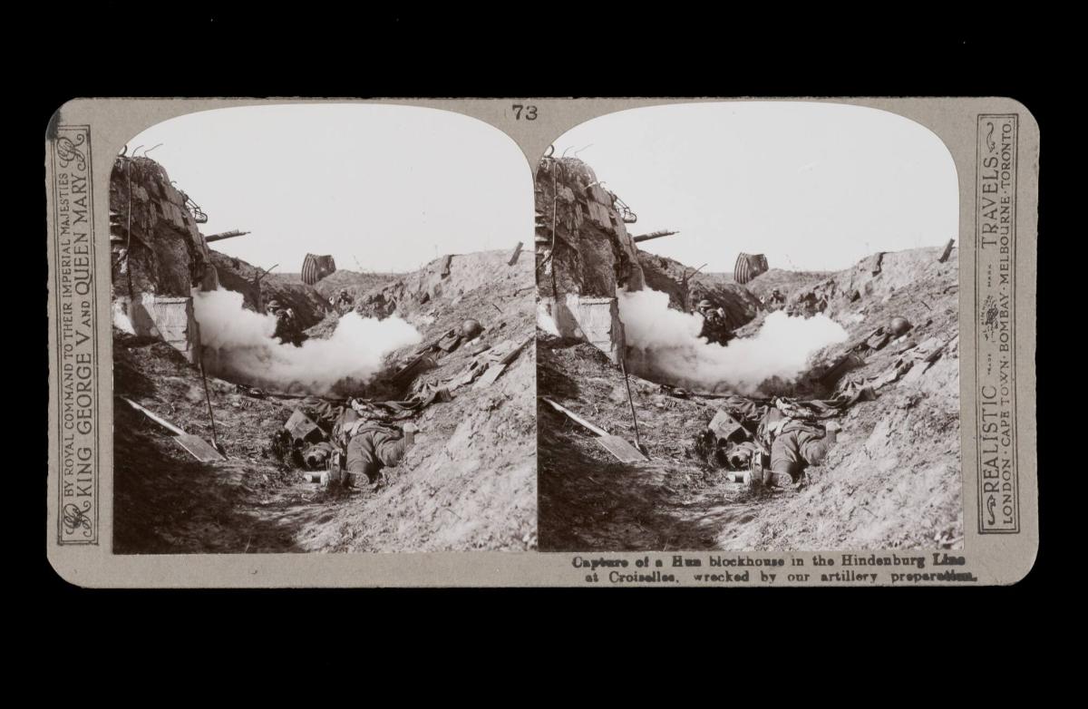 Capture of a Hun blockhouse in the Hindenburg Line at Croiselles, wrecked by our artillery preparation. From the box The Great War
