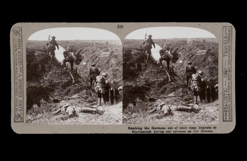 Bombing the Germans out of their deep dug-outs at Martinspuich during the advance on the Somme. From the box The Great War
