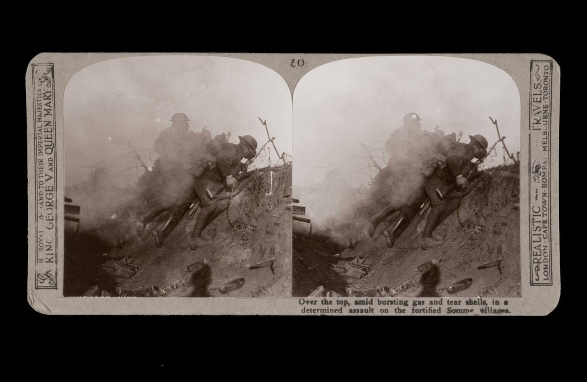 Over the top, amid bursting gas and tear shells, in a determined assault on the fortified Somme villages. From the box The Great War