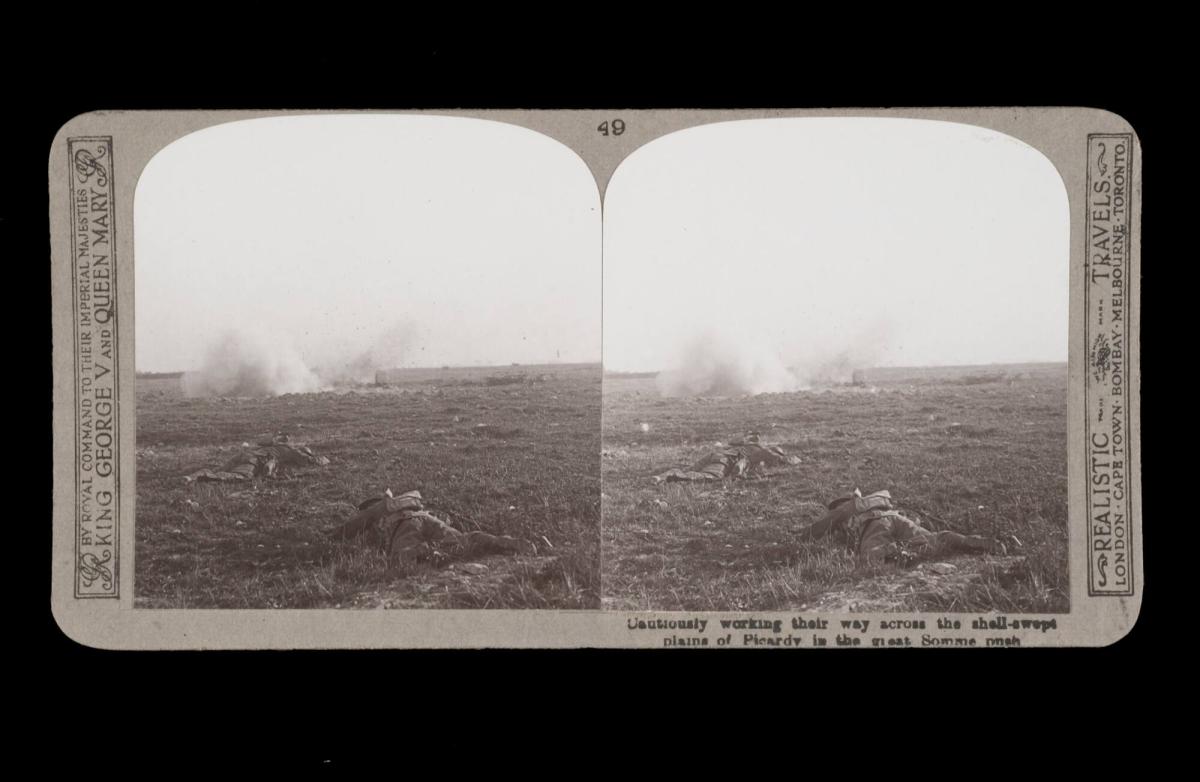 Cautiously working their way across the shell-swept plains of Picardy in the great Somme Push. From the box The Great War