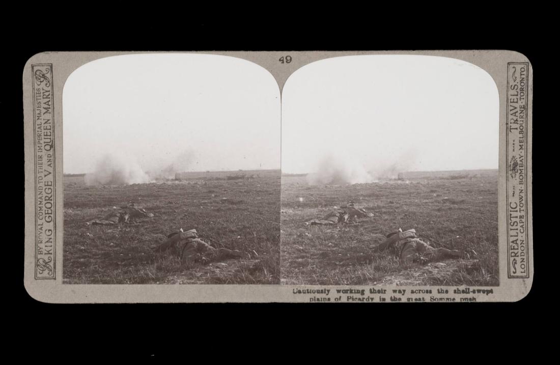 Cautiously working their way across the shell-swept plains of Picardy in the great Somme Push. From the box The Great War