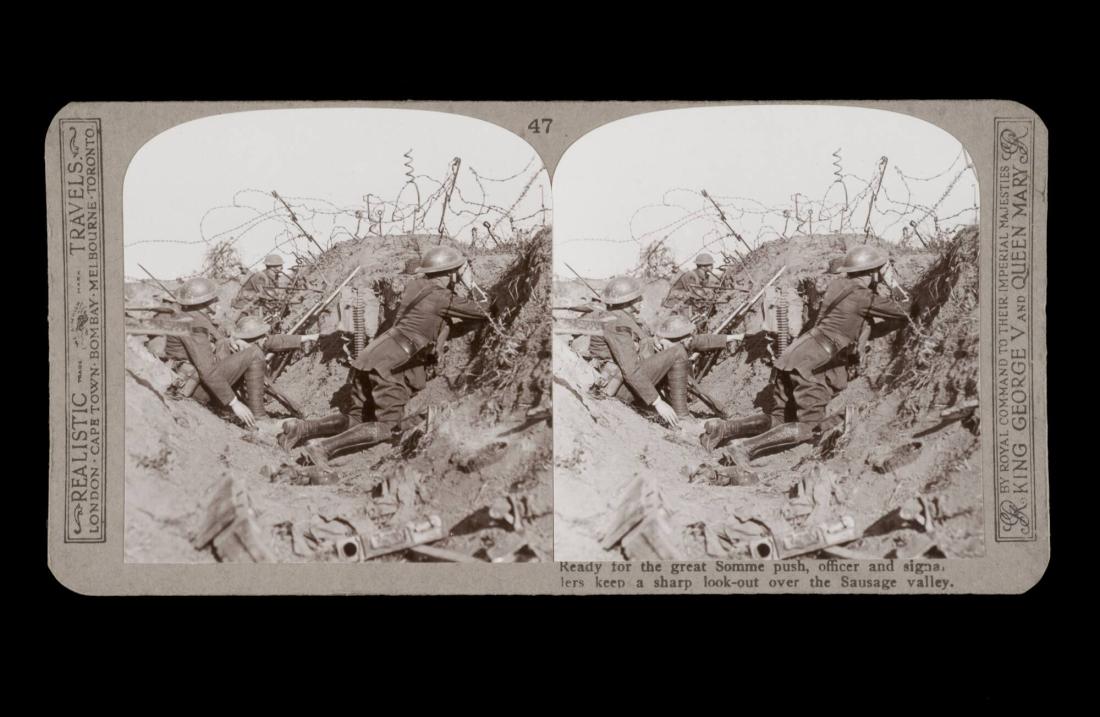 Ready for the great Somme push, officer and signallers keep a sharp look-out over the Sausage Valley. From the box The Great War