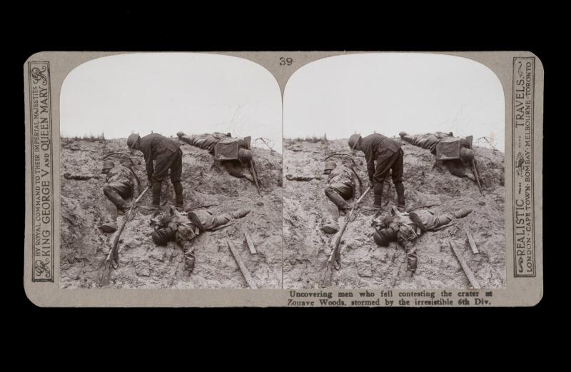 Uncovering men who fell contesting the crater at Zouave Woods, stormed by the irresistible 6th Div. From the box The Great War