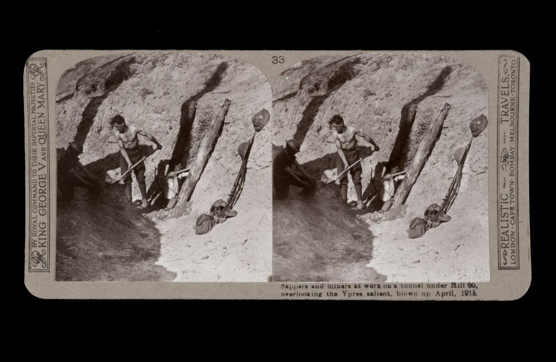Sappers and miners at work on a tunnel under Hill 60, overlooking the Ypres salient, blown up April, 1915. From the box The Great War
