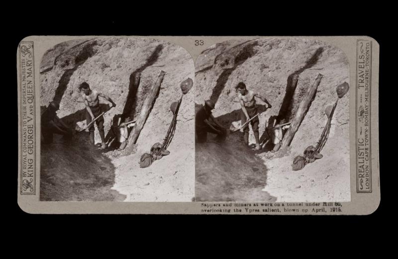Sappers and miners at work on a tunnel under Hill 60, overlooking the Ypres salient, blown up April, 1915. From the box The Great War