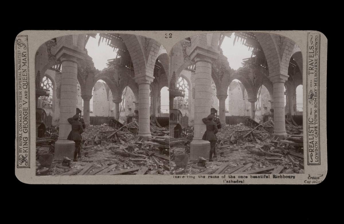 Inspecting the ruins of the once beautiful Richbourg Cathedral. From the box The Great War