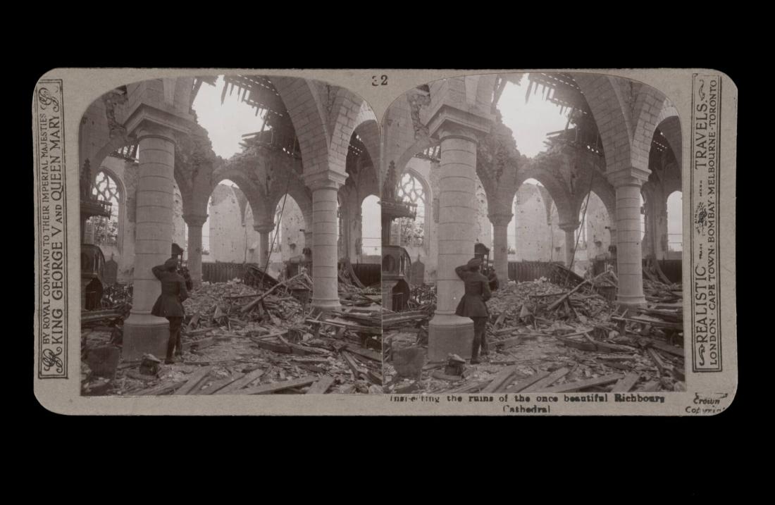 Inspecting the ruins of the once beautiful Richbourg Cathedral. From the box The Great War