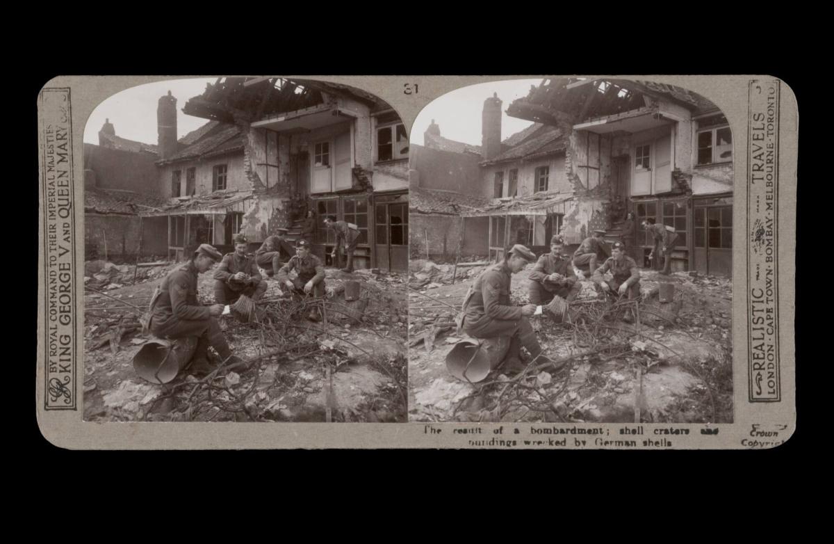 The result of a bombardment; shell craters and bounding wrecked by German shells. From the box The Great War