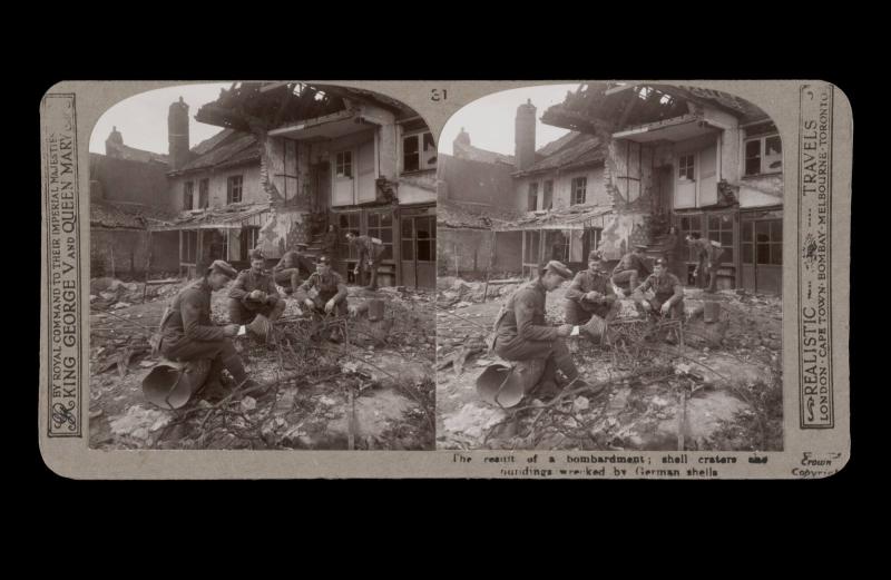 The result of a bombardment; shell craters and bounding wrecked by German shells. From the box The Great War