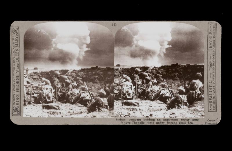 Indian bombers holding an important sector near Neuve-Chapelle come under Bosche shell fire. From the box The Great War