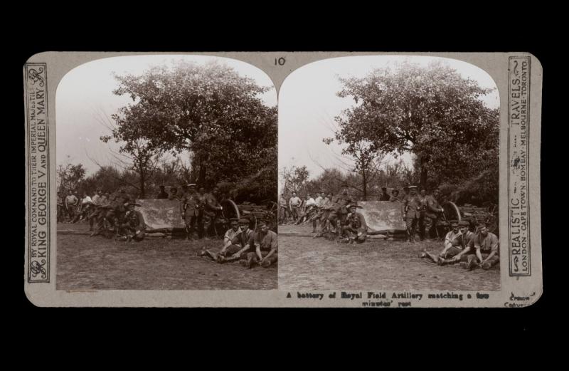 A battery of Royal Field Artillery matching a few minutes rest. From the box The Great War